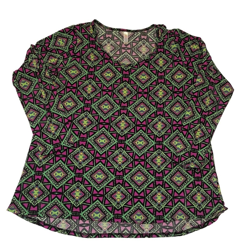 LULA ROE 2X Lynnae Purple & Green Geometric Print Scoop Neck Long-Sleeve Top